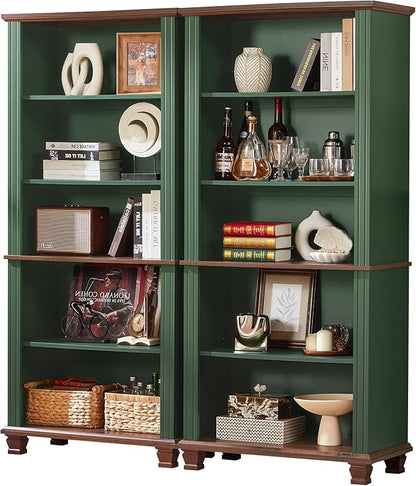 SAVOR LIFE 70" Tall Green Bookshelf,5 Tier Wooden Book Shelf with Adjustable Shelves & Wood Legs,Free Standing Farmhouse Bookcase with Open Display Storage,Vintage Bookshelves for Library, 2PCS