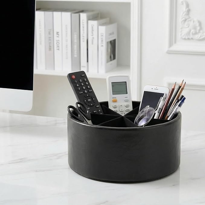 Remote Control Holder, 360°Spinning PU Leather Desk TV Remote Caddy,Desk Storage Box Room Accessories for Controller, Media,Mail,Calculator, Mobile Phone,Pencil(1-Oil Black)