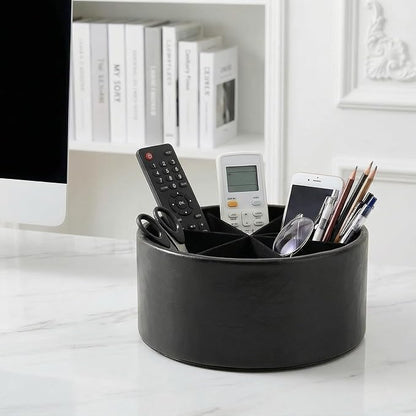 Remote Control Holder, 360°Spinning PU Leather Desk TV Remote Caddy,Desk Storage Box Room Accessories for Controller, Media,Mail,Calculator, Mobile Phone,Pencil(1-Oil Black)