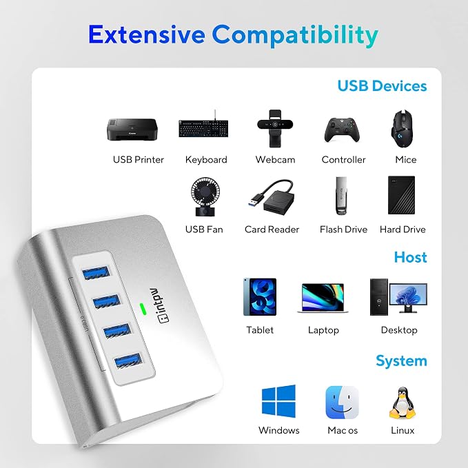 intpw USB 3.0 Hub,Aluminum 4 Port USB Data Hub 3.0 Port Extender Splitter Multiport Adapter with 3.3ft Cable ，USB HUB for PC/Laptop/Xbox/FlashDrive/Printer/Camera/Keyborad/Mouse