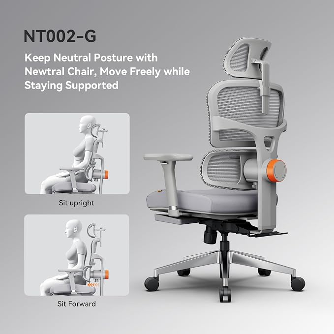 Newtral Office Chair Ergonomic - Home Office Desk Chair, Back Pain Chair with Auto-Following Lumbar Support, 4D Armrest, Seat Depth and Height Adjustable