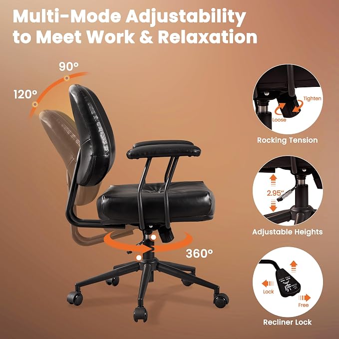 Leather Home Office Chair, Mid Back Ergonomic Desk Chair with Lumbar Support, Mid Century Modern Deep Seat Swivel Rocking Computer Chair, Black