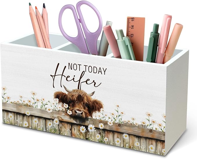 DILSJ Highland Cow Decor Pen Pencil Holder Organizer for Desk, Highland Cow Gifts for Women, Not Today Heifer Wooden Box Signs for Home Office Desk Tabletop Decoration