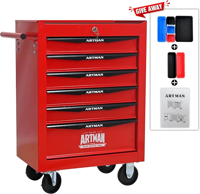 RYH 6 Drawers Rolling Tool Chest - Heavy Duty Mobile Tool Cart with Locking Wheels & Ball Bearing Drawers, 30.5" H x 20.9" W x 13" D Garage Tool Storage Cabinet (Red, 6 Drawers)
