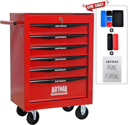 RYH 6 Drawers Rolling Tool Chest - Heavy Duty Mobile Tool Cart with Locking Wheels & Ball Bearing Drawers, 30.5" H x 20.9" W x 13" D Garage Tool Storage Cabinet (Red, 6 Drawers)