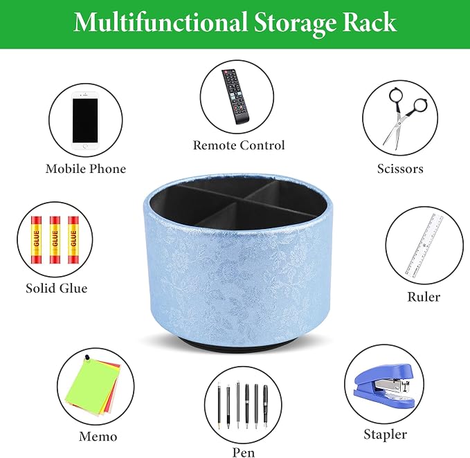 lizimandu Round Leather Art Supply Organizer,Remote Control Holder,360 Degree Spinning,Multi-Functional Pencil Holder,4 Compartments Desktop Stationary Organizer(1-Liuli Blue)
