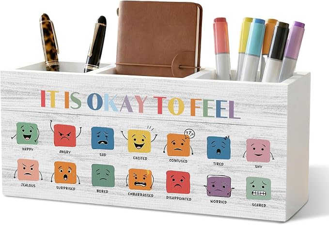 Emotions Chart Classroom Pencil Pen Holder for Desk Organizer, It Is Okay to Feel Decor, Feelings Chart Wooden Box Decorations for Kids School Counseling Office Classroom Desk Tabletop Decor