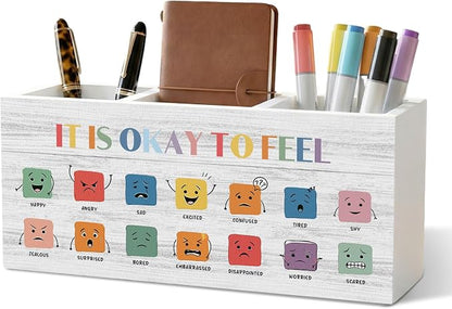 Emotions Chart Classroom Pencil Pen Holder for Desk Organizer, It Is Okay to Feel Decor, Feelings Chart Wooden Box Decorations for Kids School Counseling Office Classroom Desk Tabletop Decor