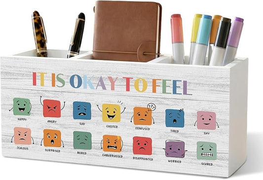 Emotions Chart Classroom Pencil Pen Holder for Desk Organizer, It Is Okay to Feel Decor, Feelings Chart Wooden Box Decorations for Kids School Counseling Office Classroom Desk Tabletop Decor