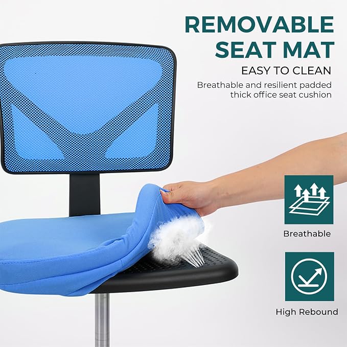 DUMOS Small Office Chairs with Wheels, Ergonomic Adjustable Home Desk Swivel Rolling Task Chair No Arms, Comfy Mesh Mid Back Computer Work Vanity Desk Chairs for Small Spaces, Blue