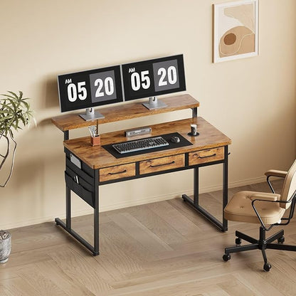 Maihail Small Desk with Drawers, 39.4X15.8-22.9 Inches Office Computer Desk with Side Pocket & Ergonomic Monitor Stand, Writing Table for Small Spaces, Bedroom, Rustic Brown