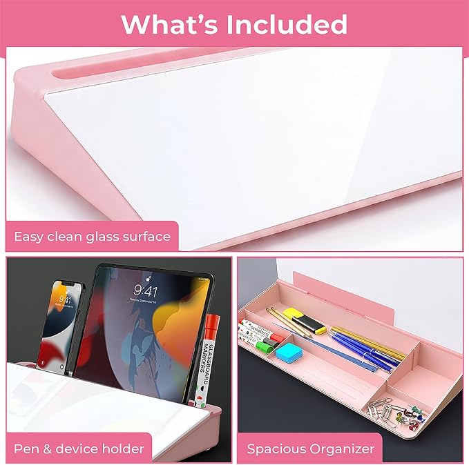 Chalkola Pink Glass Desktop Whiteboard with Storage - Dry Erase Board, Work Desk Organizers, Computer Keyboard Stand, Home Office Desk Accessories, Workspace Desktop Buddy