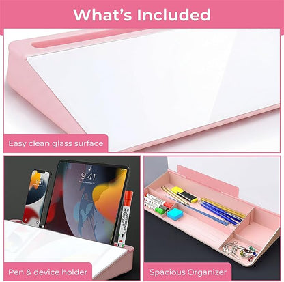 Chalkola Pink Glass Desktop Whiteboard with Storage - Dry Erase Board, Work Desk Organizers, Computer Keyboard Stand, Home Office Desk Accessories, Workspace Desktop Buddy