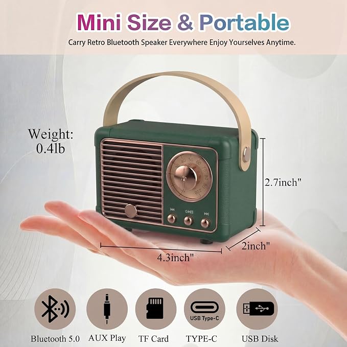 Dosmix Retro Bluetooth Speaker, Vintage Decor Mini Wireless Speaker, Cute Portable Small Speaker for Bedroom Desk Kitchen Office, Old Fashion Style Room Decor Speaker, Gift for Women Men Girls(Green)