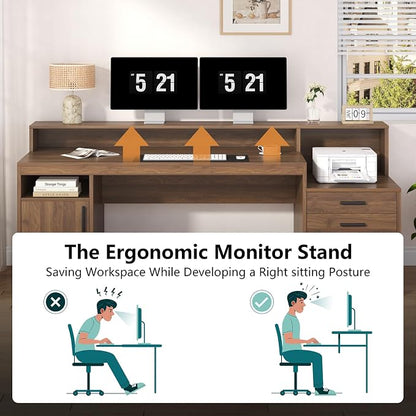 YOMILUVE Computer Desk with 3 Drawers & Storage Shelves, 65 Inch Home Office Desk with File Drawer & Cabinet, Writing Study Desks with Monitor Stand & Printer Shelf, Executive Desk, Brown