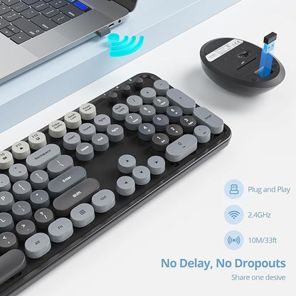 Wireless Keyboard and Mouse Set, Retro Typewriter, 2.4GHz Full Size 104-Key Cute Keyboard with Number Pad, Colorful Keyboard with Round Keycaps for Windows PC Laptop(Black Gray)