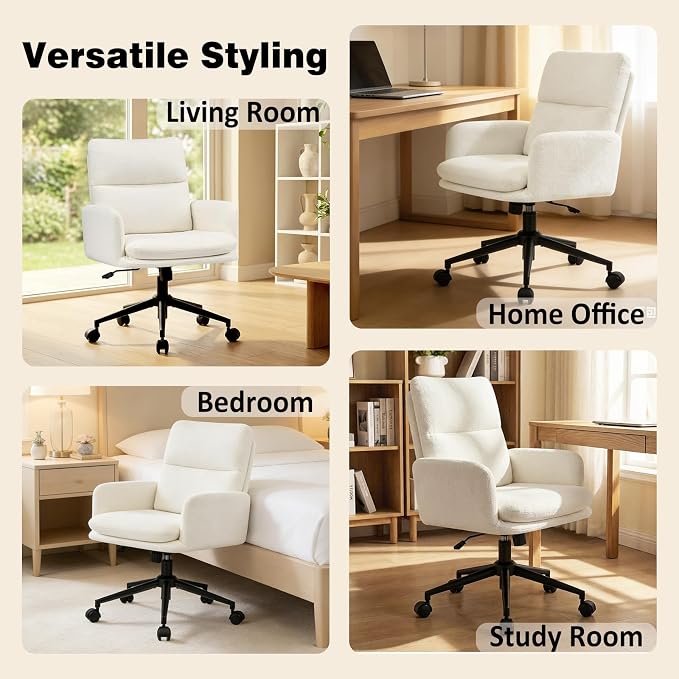 Comfortable Home Office Chair, Upholstered Desk Chair with Double-Layer Cushioning, Adjustable Height Swivel Task Chair with Padded Armrests, Rolling Wheels and Metal Base, Ivory White