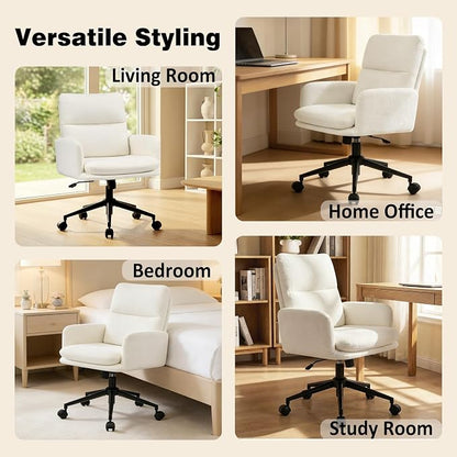 Comfortable Home Office Chair, Upholstered Desk Chair with Double-Layer Cushioning, Adjustable Height Swivel Task Chair with Padded Armrests, Rolling Wheels and Metal Base, Ivory White