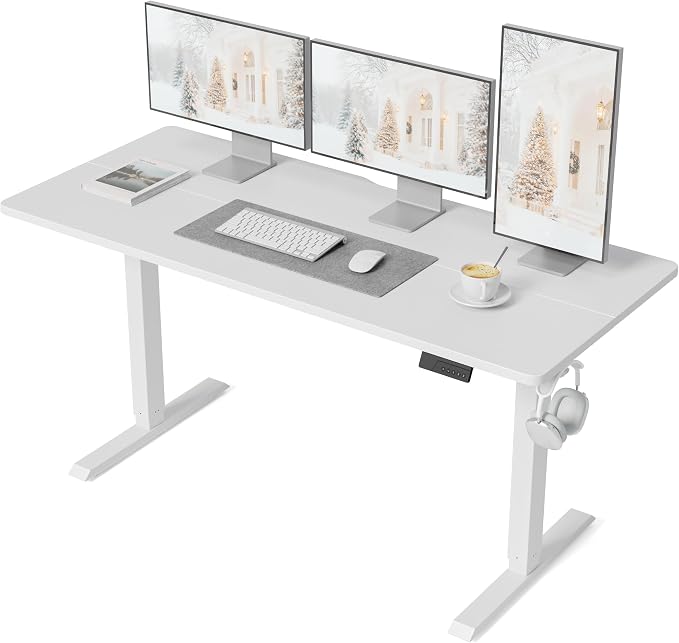 DESINO Standing Desk, 55 × 28 Inches Electric Height Adjustable, Sit and Stand Up, Computer Office Desk with Splice Board, White Frame/White TOP