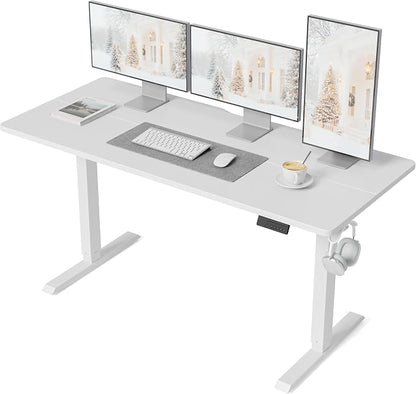 DESINO Standing Desk, 55 × 28 Inches Electric Height Adjustable, Sit and Stand Up, Computer Office Desk with Splice Board, White Frame/White TOP