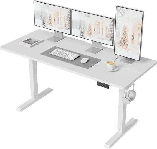 DESINO Standing Desk, 55 × 28 Inches Electric Height Adjustable, Sit and Stand Up, Computer Office Desk with Splice Board, White Frame/White TOP