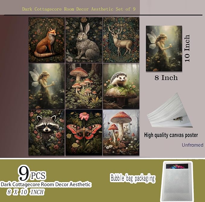 Dark Cottagecore Room Decor Aesthetic, Cottagecore Core Wall Decor, Forest Botanical Wall Art Canvas Prints, Fairycore Decor, Nature Mushroom Posters Vintage Animal Pictures for Bedroom, UNFRAMED