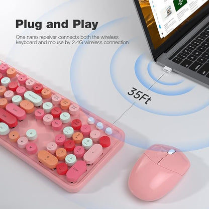 KNOWSQT Wireless Keyboard and Mouse Combo, Pink 104 Keys Full-Sized 2.4 GHz Round Keycap Colorful Keyboards, USB Receiver Plug and Play, for Windows, Mac, PC, Laptop, Desktop