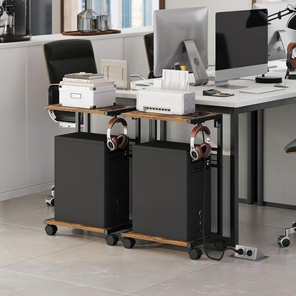 PC Stand, Computer Tower Stand with Charging Station, 16.9"W x 11.4"D x 27.6"H, Computer Cart with Wheels and Hooks, CPU Holder for Carpet, Floor and Under Desk, Easy Assembly, Rustic Brown