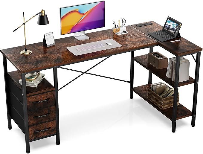 Simple Deluxe L Shaped Gaming Desk with Power Outlets, 55 Inch Computer Desk with 3 Drawers, Shelves, Corner Computer Desk for Gaming, Corner Work, Home Office, Study, Rustic Brown