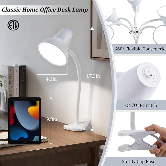 Clip On Led Desk Lamp, Flexible Gooseneck, Eye-Caring 4.5W Energy-Saving Study Lamps, Anti-tip Bedside Reading Light, Desk Lamps for College Dorm Room, Home Office, Modern Lamp with 1.6m Cord, White