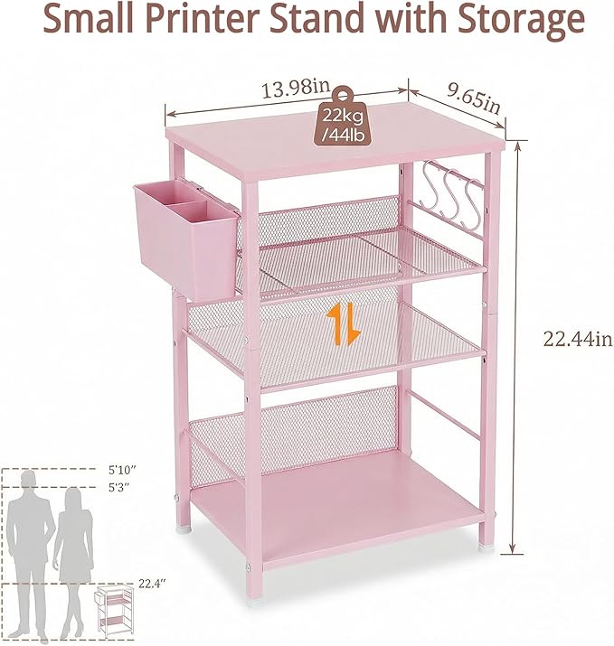 ECOLOVI 3 Tier Printer Stand for Under Desk, Height Adjustable Shelf Small Printer Table with 3 S-Hooks & Basket, Heavy Duty Industrial Storage Shelf for Home Office (Pink Wood)