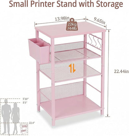 ECOLOVI 3 Tier Printer Stand for Under Desk, Height Adjustable Shelf Small Printer Table with 3 S-Hooks & Basket, Heavy Duty Industrial Storage Shelf for Home Office (Pink Wood)