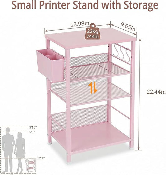 ECOLOVI 3 Tier Printer Stand for Under Desk, Height Adjustable Shelf Small Printer Table with 3 S-Hooks & Basket, Heavy Duty Industrial Storage Shelf for Home Office (Pink Wood)