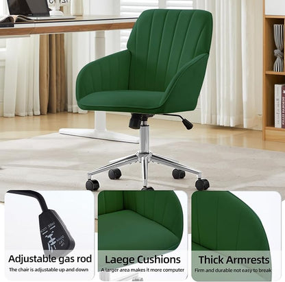 Velvet Home Office Desk Chair, Modern Cute Computer Task Chair with Back, Height Adjustable Upholstered Vanity Chair with Swivel Wheels for Women, Girls (Silver Base, Green