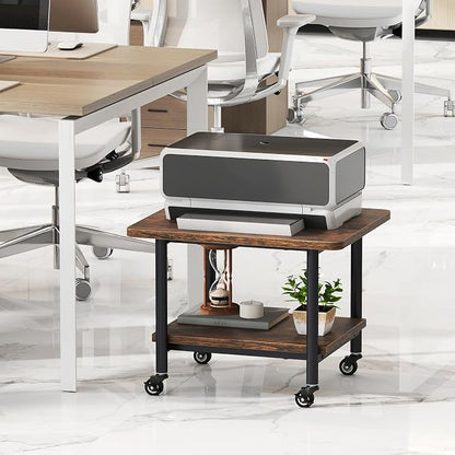 GOFLAME Under Desk Printer Stand, 2-Tier Industrial Mobile Printer Table with Storage Shelf, Metal Frame, Rolling Printer Cart Holder Storage Rack with Lockable Wheels for Home Office, Brown
