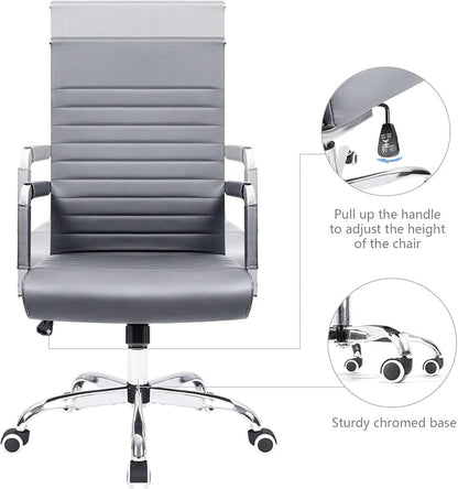 KaiMeng Ribbed Office Desk Mid Back Computer Chair Height Adjustable Conference Executive Task Swivel PU Leather (Grey)