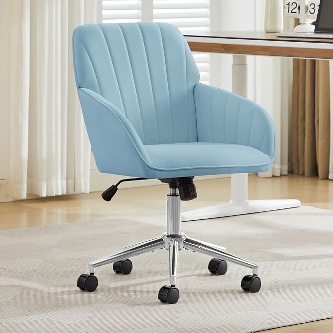 YITAI Velvet Office Desk Armchairs with Silver Base and Wheels,Modern Height Adjustable 360 Degree Swivel Upholstered Vanity Chairs for Living/Room Bedroom/Study,Light Blue