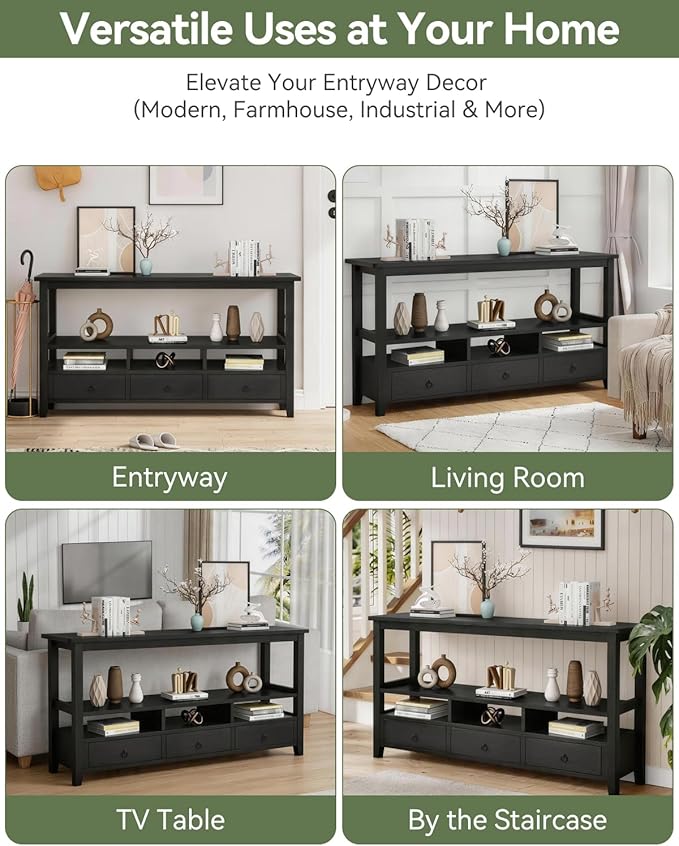 Karl home Console Table with 3 Bottom Drawers, 57.9" W Sofa Side Table Entryway Desk with 3 Storage Cubbies 1 Open Shelf, Vintage TV Stand for Hallway Living Room Office, Black 29.9" H