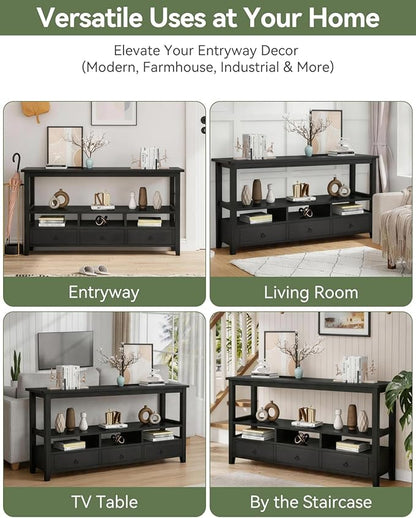 Karl home Console Table with 3 Bottom Drawers, 57.9" W Sofa Side Table Entryway Desk with 3 Storage Cubbies 1 Open Shelf, Vintage TV Stand for Hallway Living Room Office, Black 29.9" H