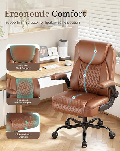 COMHOMA Mid-Back Office Chair, Ergonomic PU Desk Chair with Flip up Arms, Small Computer Gaming with Comfy Lumbar Support,Rocking Function,Sturdy Metal Base, Brown