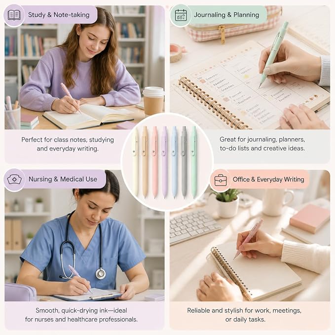 Vanhench 7Pcs 0.5 mm Black Ink Gel Pens Fine Point Smooth Writing Quick Dry Pen for School Note Teacher Journaling Office Desk Nurses Gift, Nice Cute Multifunction Writing Pens with Fidget Stress Ball