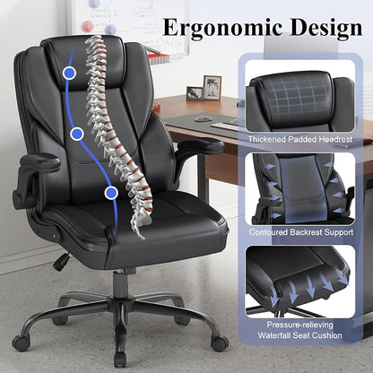 AnyGod Executive Office Chair, Comfy Ergonomic Computer Desk Chairs with Flip-up Armrests, Lumbar Support, High Back, 360° Swivel and Rocking Function for Home Office,PU Black