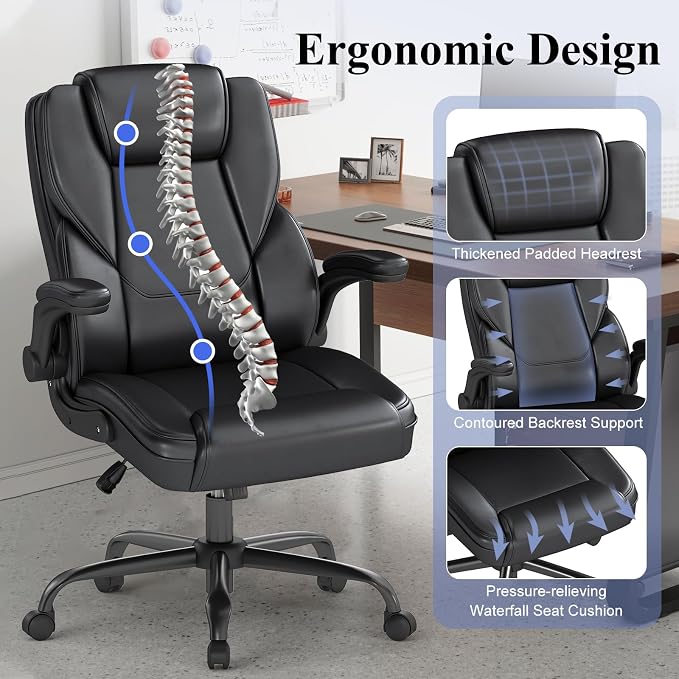 Ergonomic Executive Office Chair, Mid Back PU Leather Computer Desk Chair with Flip-Up Armrests, Lumbar Support, Adjustable Height and Rocking Function, Black