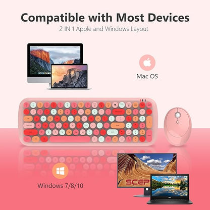 MOFII Wireless Keyboard and Mouse Combo, Full-Size Retro Typewriter-Style Wireless Keyboard with Optical Mouse for Computer/Laptop/Windows/Mac (Pink Colorful)