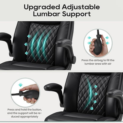 MALOL Leather Office Chair, Computer Desk Chair with Adjustable Lumbar Support, Thick Cushion, Flip-Up Arms and Ergonomic Back, Comfy Executive Office Chair for Home Office Gaming,Black