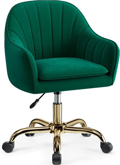 Vanity Chair with Wheels, Comfy Home Office Desk Chairs Adjustable Modern Velvet Makeup Vanity Chairs for Bedroom Living Room-Green