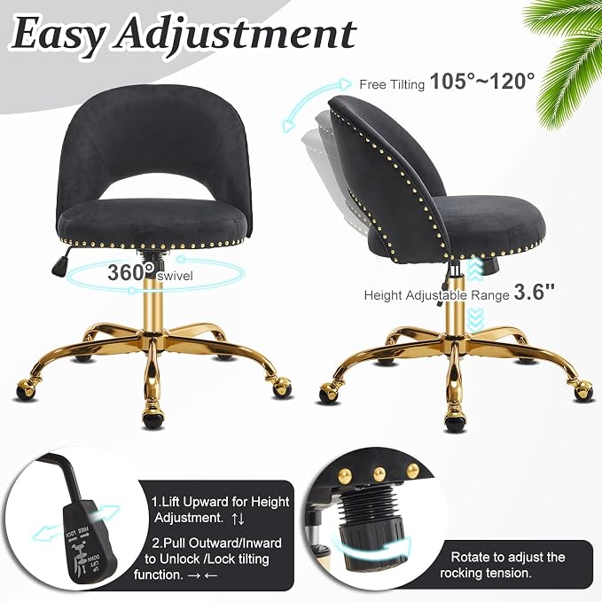VINGLI Modern Velvet Small Office Chair,Cute Desk Chair with Wheels,Gold Base/Studs, Comfy Armless Swivel Vanity Task Chair for Women/Girl/Kids, Nail Tech Chair for Bedroom,Small Space,Black