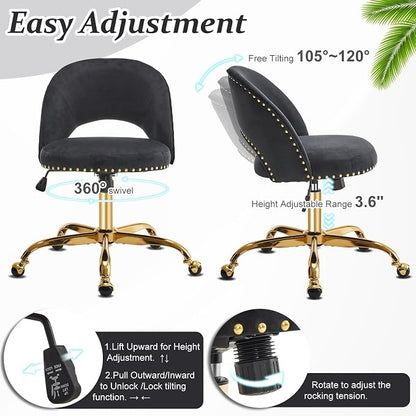 VINGLI Modern Velvet Small Office Chair,Cute Desk Chair with Wheels,Gold Base/Studs, Comfy Armless Swivel Vanity Task Chair for Women/Girl/Kids, Nail Tech Chair for Bedroom,Small Space,Black