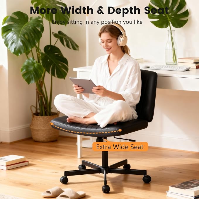 FDW Criss Cross Chair with Wheels Cross Legged Office Desk Modern Swivel Height Adjustable Wide Seat Computer Task Vanity Chair Comfy Fabric Armless Seating for Home Office