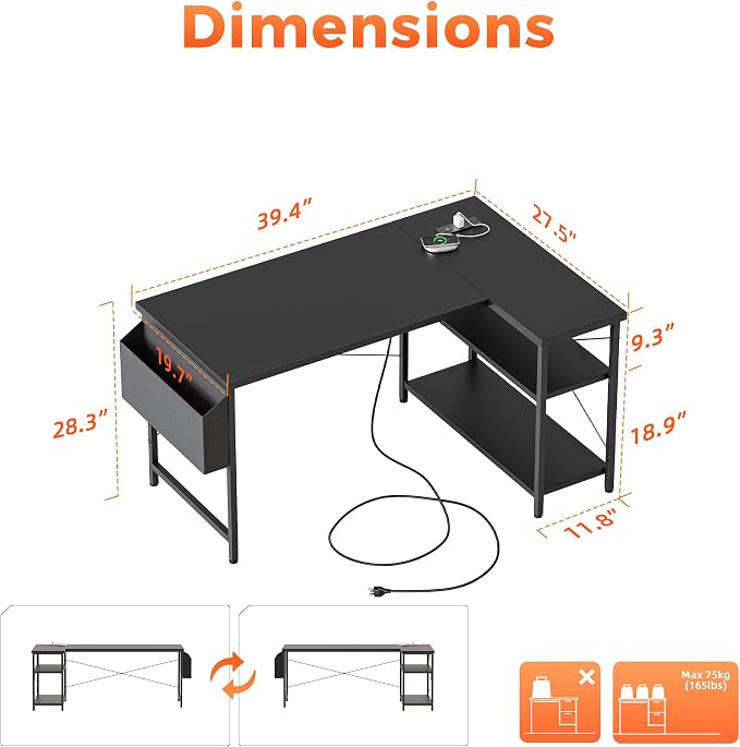 Mericonia Small L Shaped Computer Desk with Power Outlets, Reversible Gaming Desk with Storage Shelves, Corner Gamer Desk Table, Study Writing Table